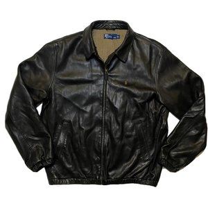 Polo Ralph Lauren Leather Jacket Mens Size Large Black Soft with Check Lining